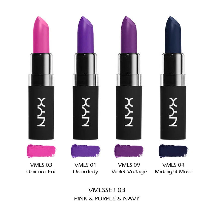 1 NYX Velvet Matte Lipstick 4 Piece Set "VMLSSET03 - Pink & Purple & Navy"Joy's