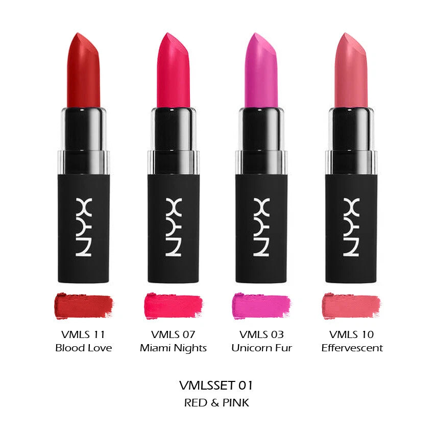 1 NYX Velvet Matte Lipstick 4 Piece Set "VMLSSET01 - Red & Pink" Joy's