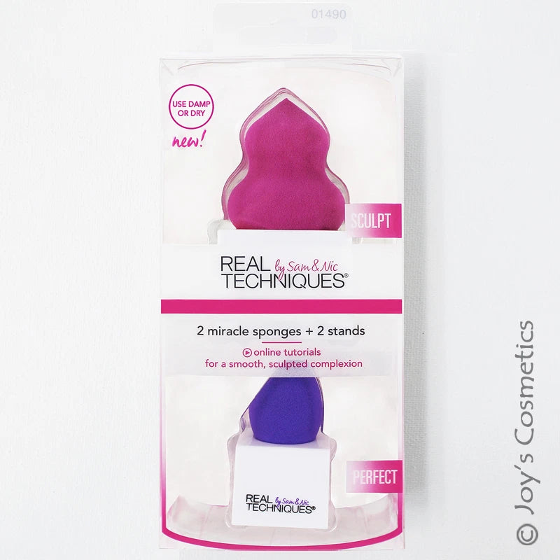 1 REAL TECHNIQUES 2 Miracle Sponges + 2 Stands "RT-1490" Joy's cosmetics