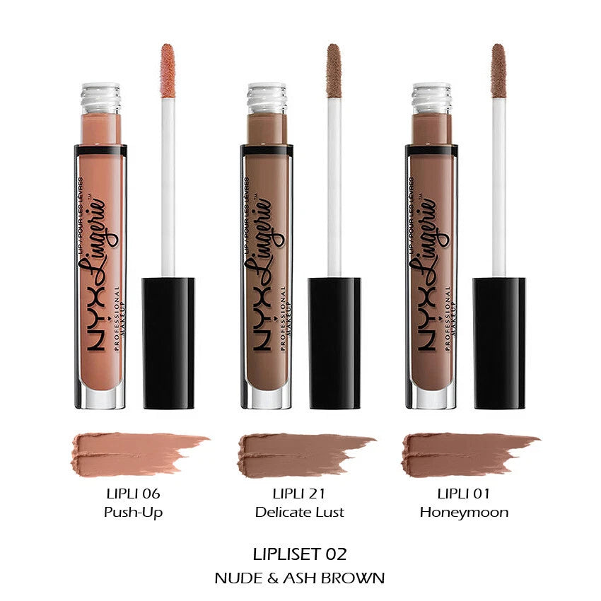 1 NYX Lip Lingerie Liquid Lipstick - 3 Piece Set "LIPLISET02 - Nude & Ash brown"